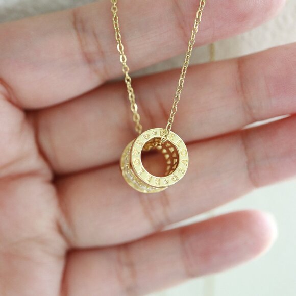 Barrel Style Pendant with Rhinestones Cable Chain Necklace Gold Plated Stainless - Picture 5 of 5